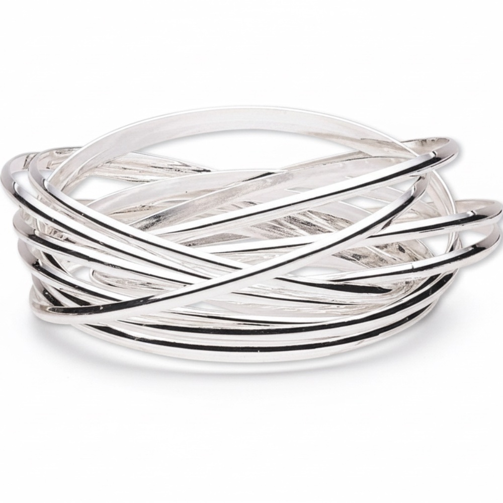 Womens High-Polished Silver-Plated Stainless Steel Interlocking Bangle Bracelet